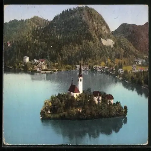 AK Veldes /Oberkrain, Teilansicht mit Insel aus der Vogelschau