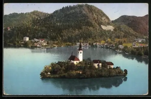 AK Veldes /Oberkrain, Teilansicht mit Insel aus der Vogelschau