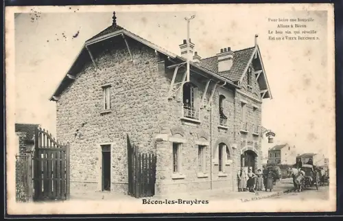 AK Bécon-les-Bruyères, Rue animée avec maison en pierre et calèche