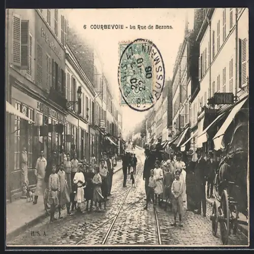 AK Courbevoie, La Rue de Bezons avec passants et calèche