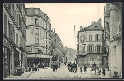 AK Suresnes, Place Henri IV et Rue du Mont-Valérien animées
