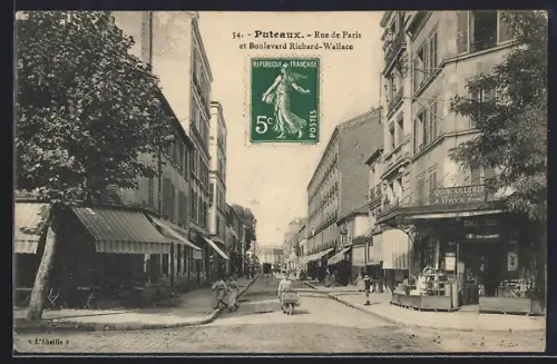 AK Puteaux, Rue de Paris et Boulevard Richard-Wallace animés avec commerces et passants