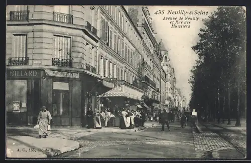AK Neuilly-s-Seine, Avenue de Neuilly et Rue des Huissiers, scène animée avec passants et architecture élégante