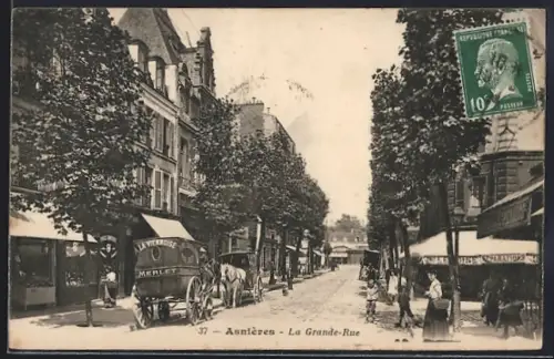 AK Asnières, La Grande-Rue animée avec charrette et passants
