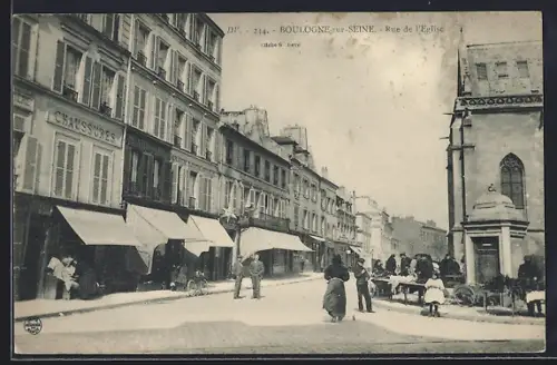 AK Boulogne-sur-Seine, Rue de l`Église avec passants et commerces animés