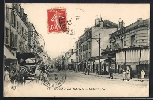 AK Bourg-la-Reine, Grande Rue animée avec passants et calèches