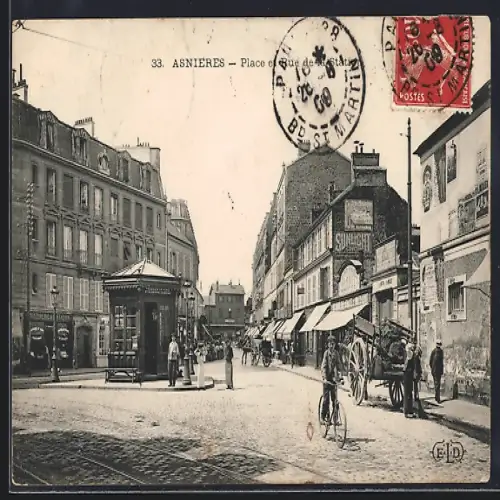 AK Asnières, Place et rue de la Station animées avec cycliste et charrette