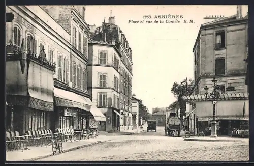 AK Asnières, Place et rue de la Comète avec cafés et calèche