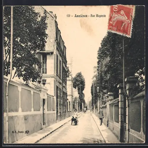 AK Asnières, Rue Magenta avec passants et bâtiments résidentiels
