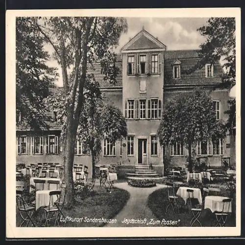 AK Sondershausen / Thüringen, Gasthaus Jagdschloss zum Possen, im Gartenlokal