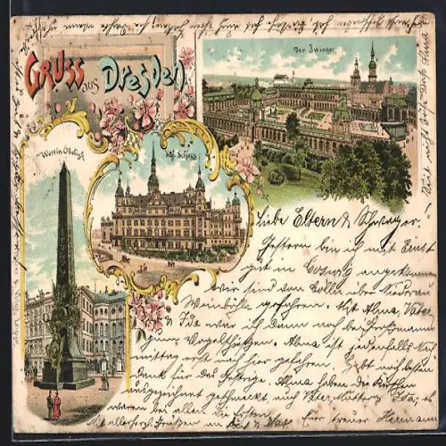 Lithographie Dresden, Zwinger, Königliches Schloss, Wettin-Obelisk