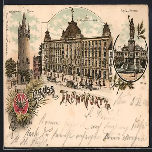 Lithographie Frankfurt, Eschenheimer Turm, Neues Reichspostgebäude, Schützenbrunnen