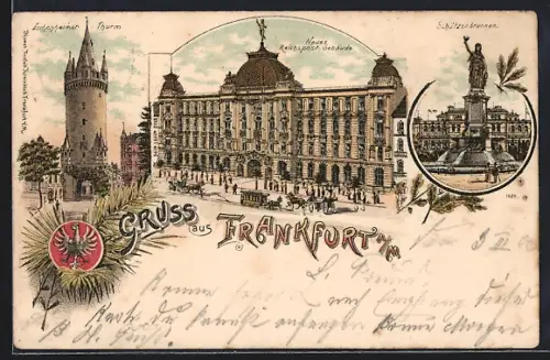 Lithographie Frankfurt, Eschenheimer Turm, Neues Reichspostgebäude, Schützenbrunnen