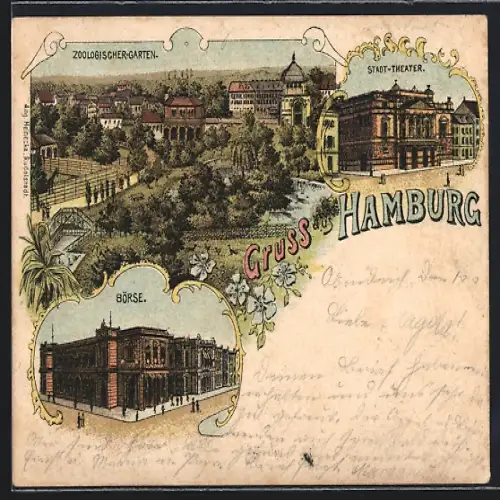 Lithographie Hamburg, Zoologischer Garten, Stadt-Theater, Börse