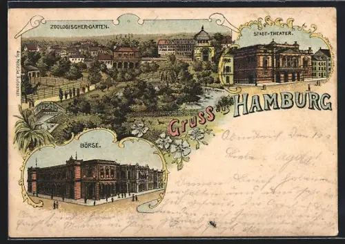 Lithographie Hamburg, Zoologischer Garten, Stadt-Theater, Börse