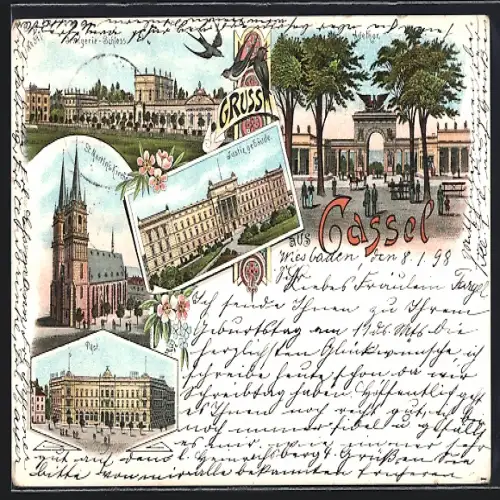Lithographie Cassel, Orangerie-Schloss, Auethor, St. Martins-Kirche, Justizgebäude, Post