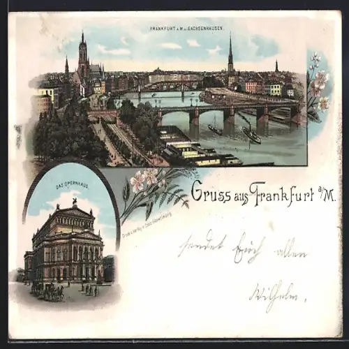 Lithographie Frankfurt a. M., Totalansicht mit Sachsenhausen, Opernhaus