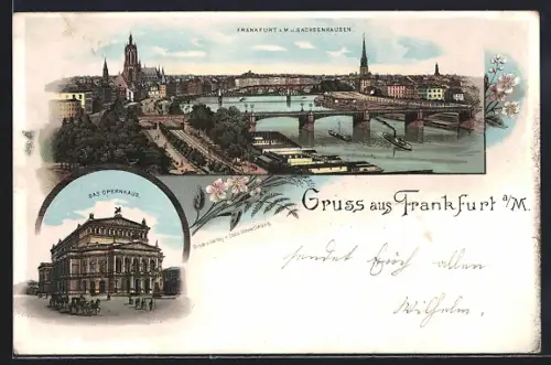 Lithographie Frankfurt a. M., Totalansicht mit Sachsenhausen, Opernhaus