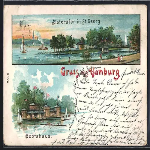 Lithographie Hamburg-St.Georg, Alsterufer, Bootshaus um 1900