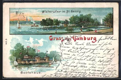 Lithographie Hamburg-St.Georg, Alsterufer, Bootshaus um 1900