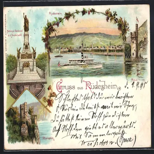 Lithographie Rüdesheim / Rhein, Ortspartien Nationaldenkmal, Rheinstein und Mauselthurm