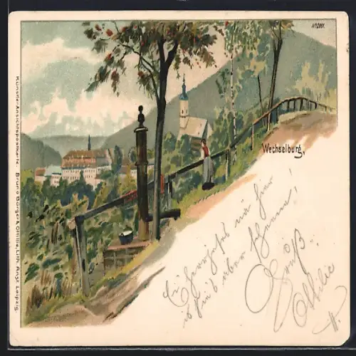 Lithographie Wechselburg, Blick auf Schloss und Kirche