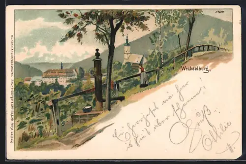 Lithographie Wechselburg, Blick auf Schloss und Kirche