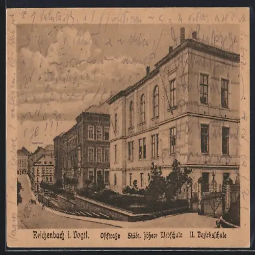 AK Reichenbach i. Vogtl., Oststrasse, Städt. höhere Webschule, II. Bezirksschule
