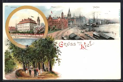 Lithographie Kiel, Schloss, Post, Hafen