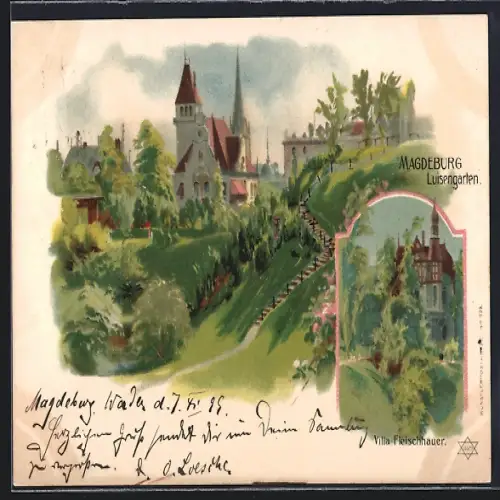 Lithographie Magdeburg, Luisengarten, Villa Fleischhauer