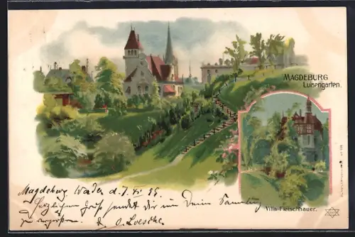 Lithographie Magdeburg, Luisengarten, Villa Fleischhauer