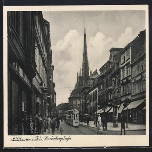 AK Mühlhausen i. Thür., Hindenburgstrasse, Strassenbahn, Kirche