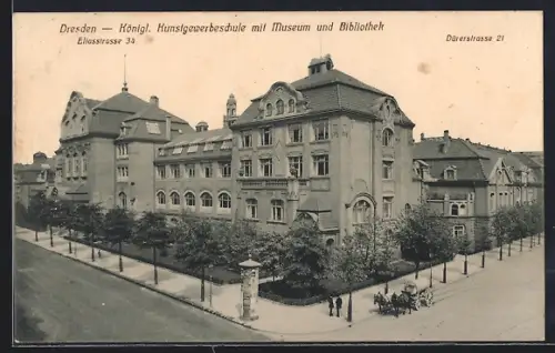 AK Dresden, Königl. Kunstgewerbeschule mit Museum und Bibliothek, Dürerstrasse 21 und Eliasstrasse 34