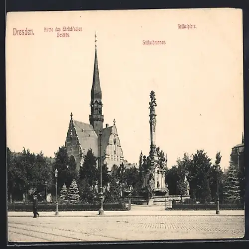 AK Dresden, Kirche des Ehrlich`schen Gestifts, Stübelplatz, Stübelbrunnen