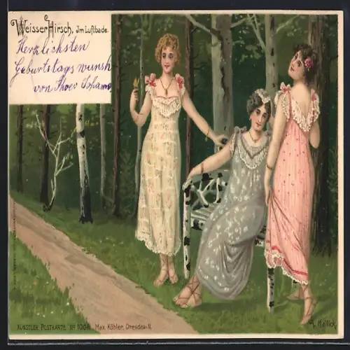 Lithographie Weisser Hirsch, Im Luftbade, Damen im Park