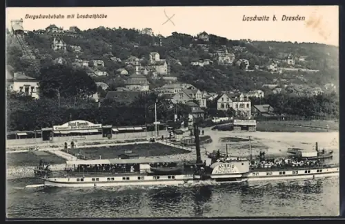 AK Loschwitz b. Dresden, Bergschwebebahn und Dampfschiff MS Aussig