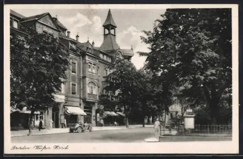 AK Dresden-Weisser Hirsch, Strassenszene mit Geschäften