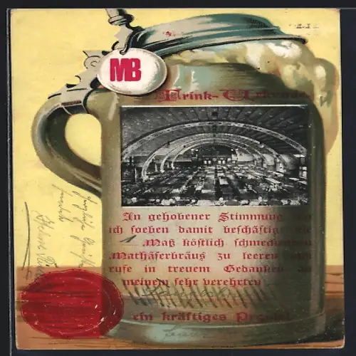 AK München, Mathäserbräu, Bierhalle im Bierkrug-Passepartout, Trinkerurkunde