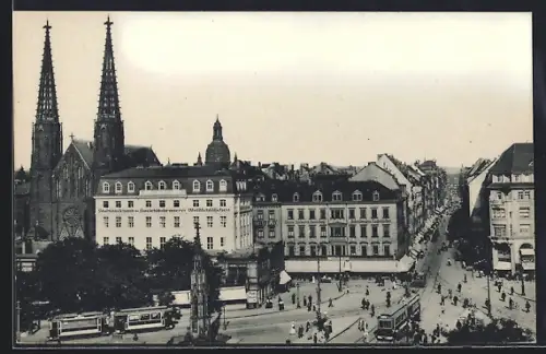 AK Dresden, Gasthof Stadtwaldschlösschen am Postplatz, Strassenbahn