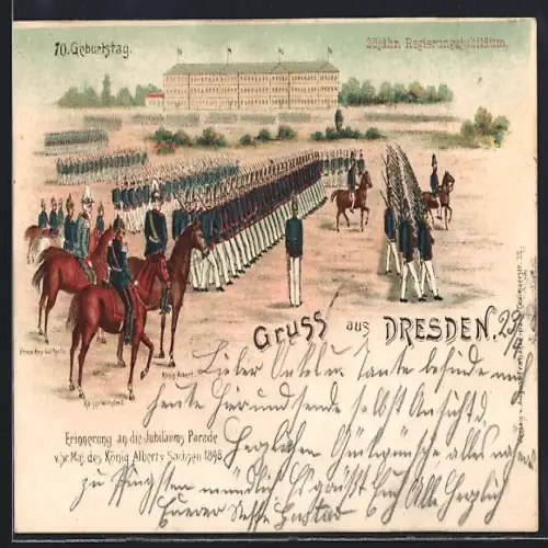 Lithographie Dresden-Neustadt, 23. königl. Regierungsjubiläum 1898, Jubiläumsparade König Albert von Sachsen