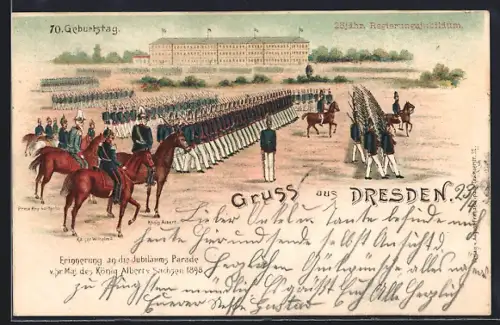 Lithographie Dresden-Neustadt, 23. königl. Regierungsjubiläum 1898, Jubiläumsparade König Albert von Sachsen