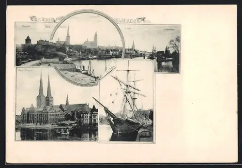 AK Lübeck, Burgtor, Holstentor, Schiffe im Hafen