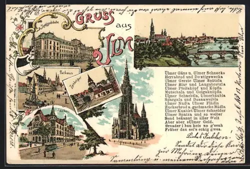 Lithographie Ulm / Donau, Münster, Rathaus, Justizgebäude