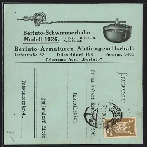 AK Düsseldorf, Berluto-Schwimmerhahn Modell 1926, Berluto-Armaturen-Aktiengesellschaft