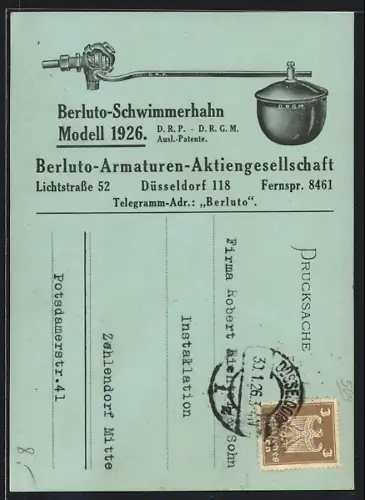 AK Düsseldorf, Berluto-Schwimmerhahn Modell 1926, Berluto-Armaturen-Aktiengesellschaft