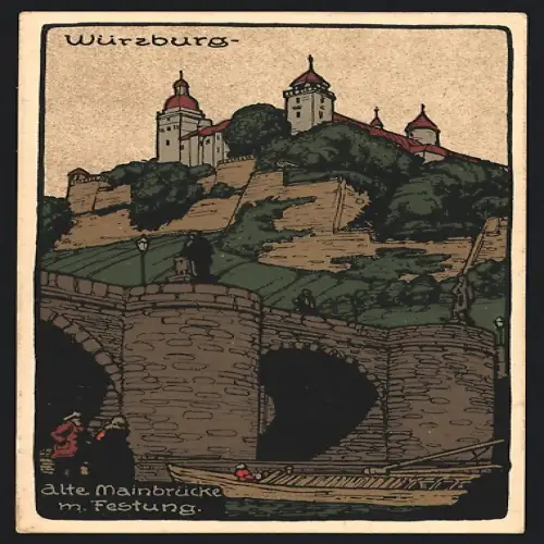 Steindruck-AK Würzburg, Alte Mainbrücke, Festung