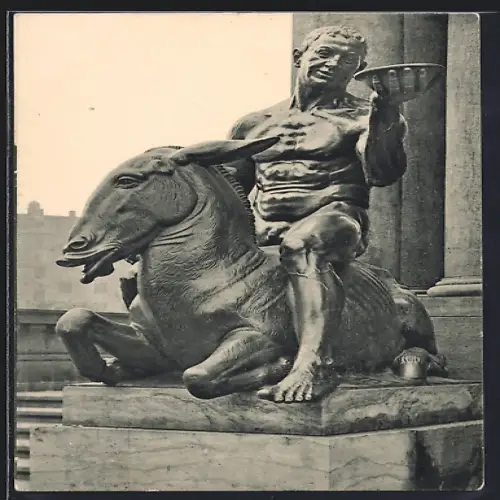 AK Dresden, Dionysos auf dem Esel, Bronzerelief am Ratskeller-Eingang des neuen Rathauses