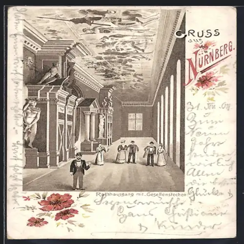 Lithographie Nürnberg, Rathaussgang mit Gesellenstechen