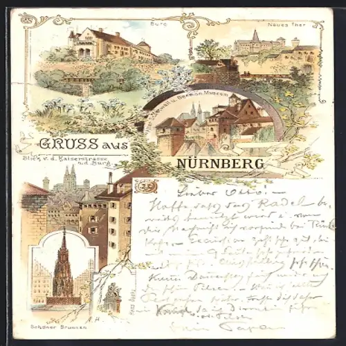 Lithographie Nürnberg, Burg, Neues Thor, Germanisches Museum