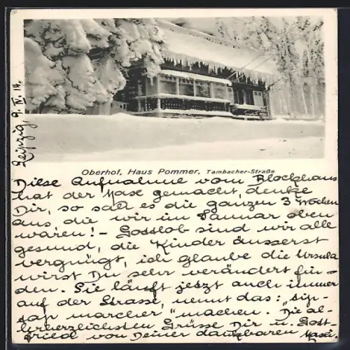 AK Oberhof / Thüringen, Haus Pommer, Tambacher-Strasse, Winteransicht